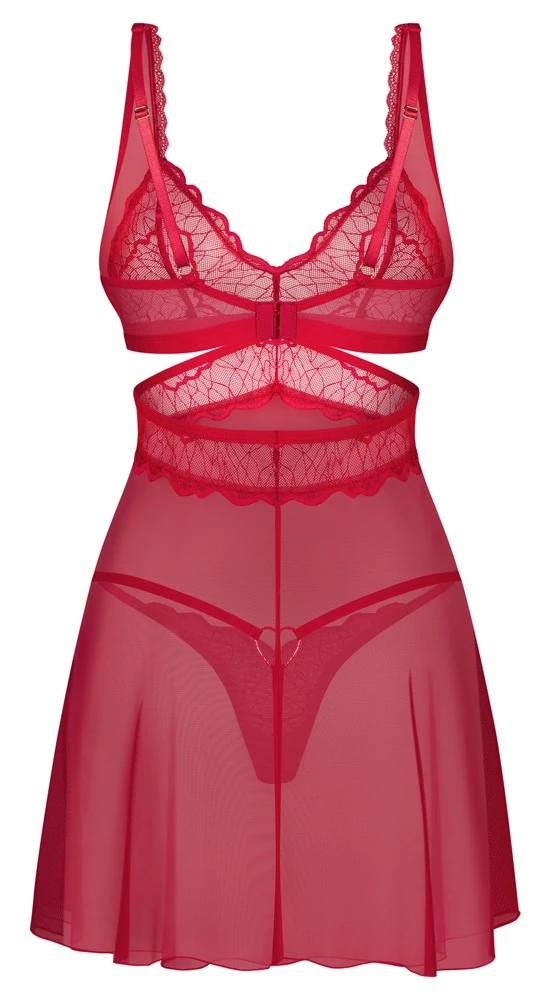 Set Cupide Desir von Obsessive: Sinnliches Babydoll + String in Rot mit edlen Spitzen, goldenen Schmuckdetails und verstellbaren Trägern