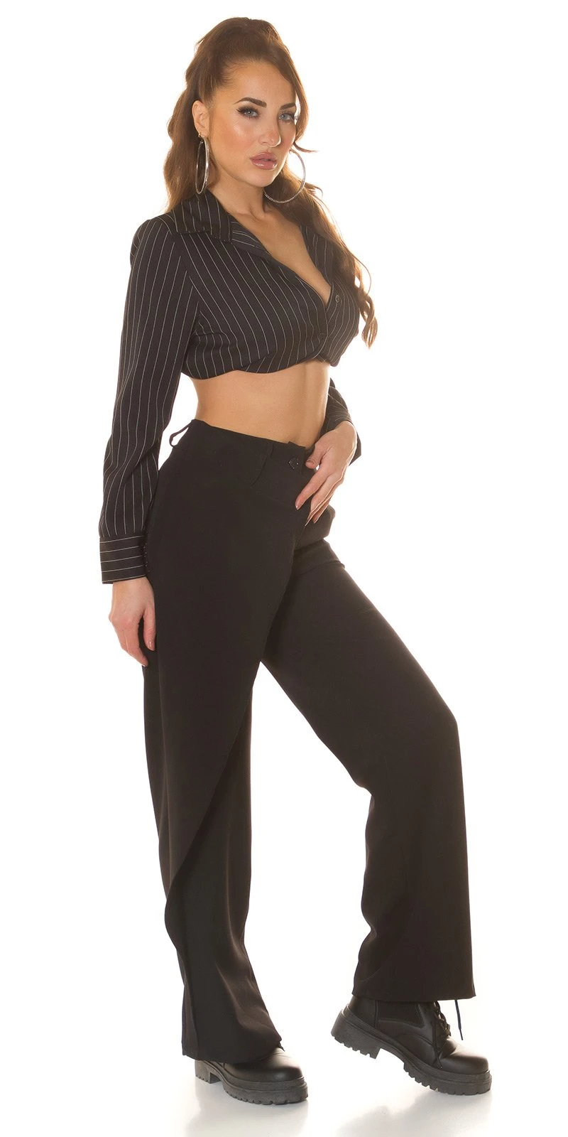 Highwaist Hose Stoffhose Bootcut Weites Bein mit Asymmetrie Akzent