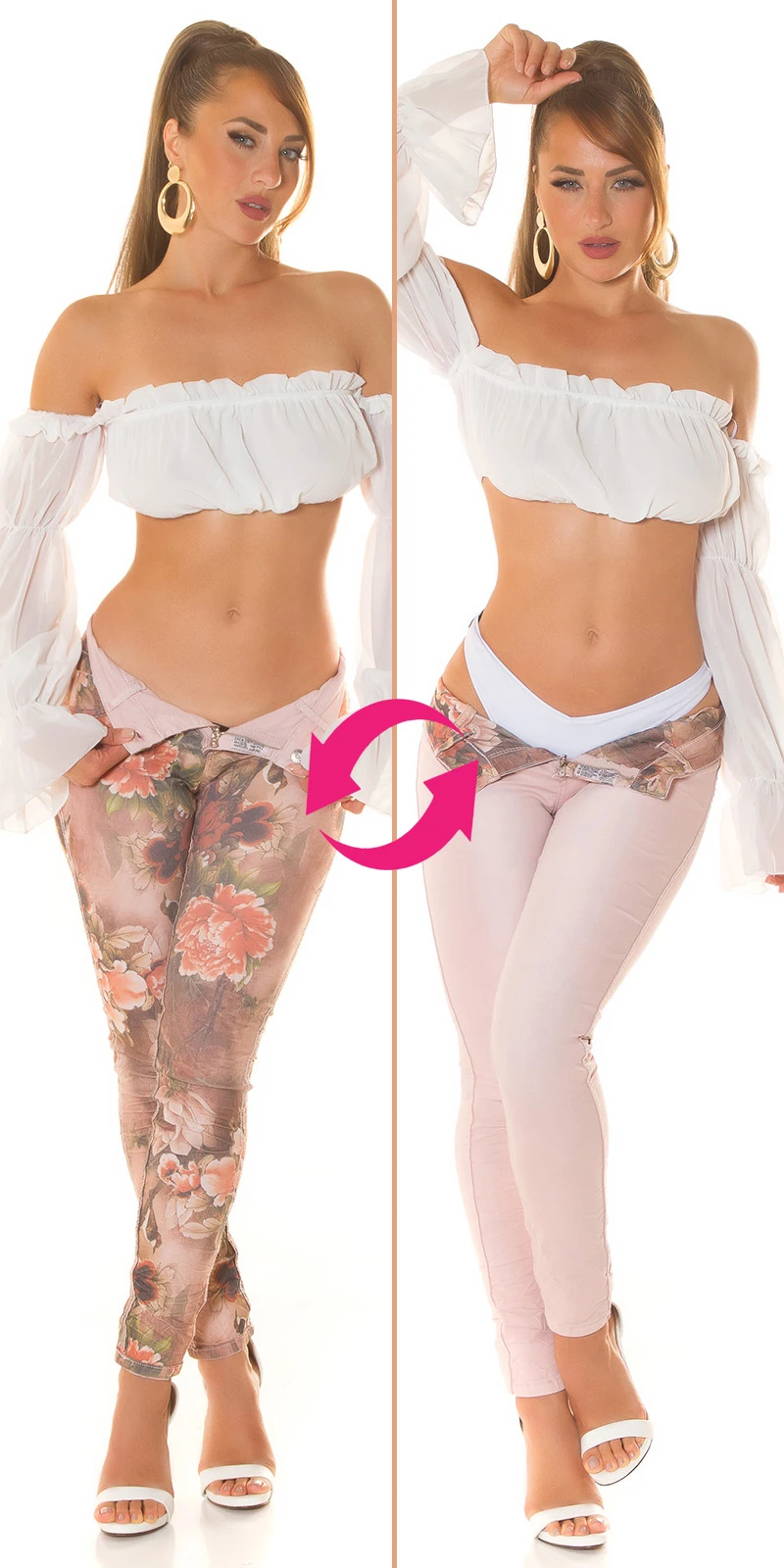 2in1 Skinny Jeans Hose Treggings zum Wenden mit Flower Blumen Print Röhrenjeans mit Wende-Funktion