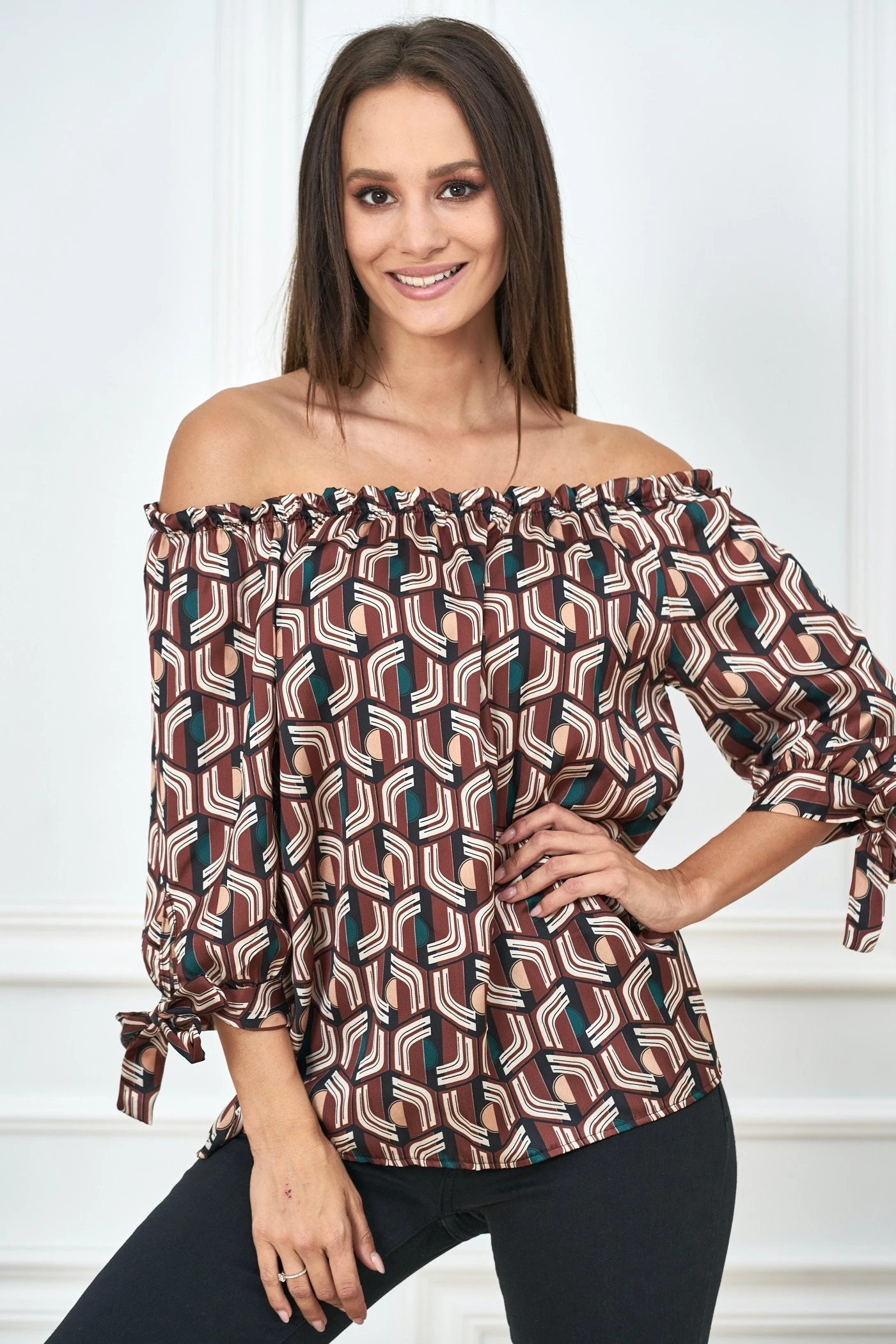 Off Shoulder Satin Blusen Shirt mit Retro-Print