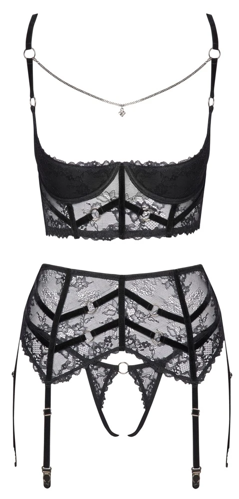 Cottelli LINGERIE Longline-Hebe, Strapsgürtel & String ouvert im Set, Schwat´rze Spitze mit Ketten Verzierung