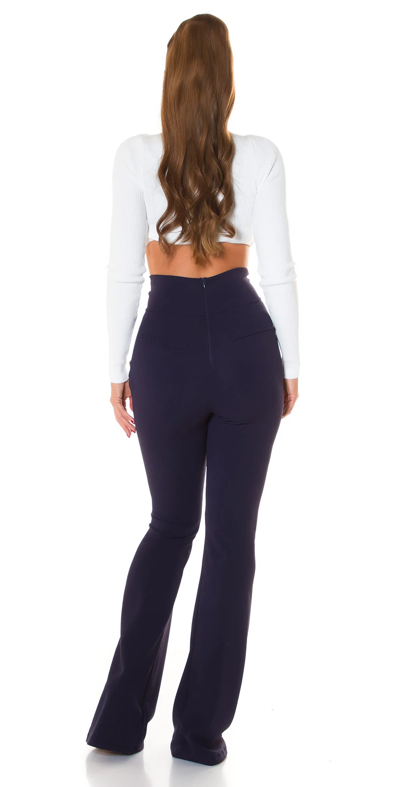 Stoff Business High Waist Schlag Hose mit Deko Knöpfe