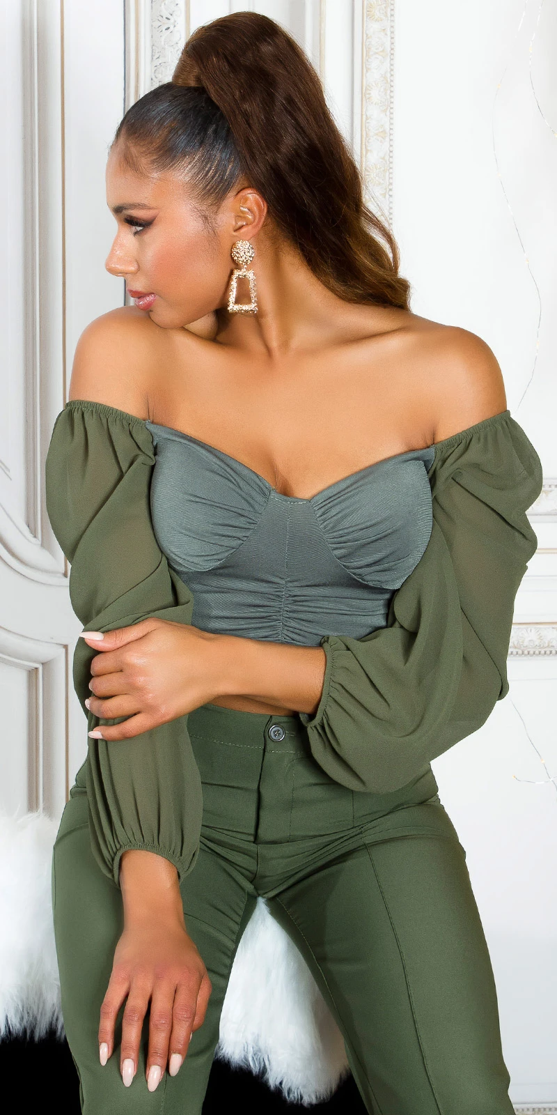 Chic Off Shoulder Crop Blusen Langarm Top mit Raffung