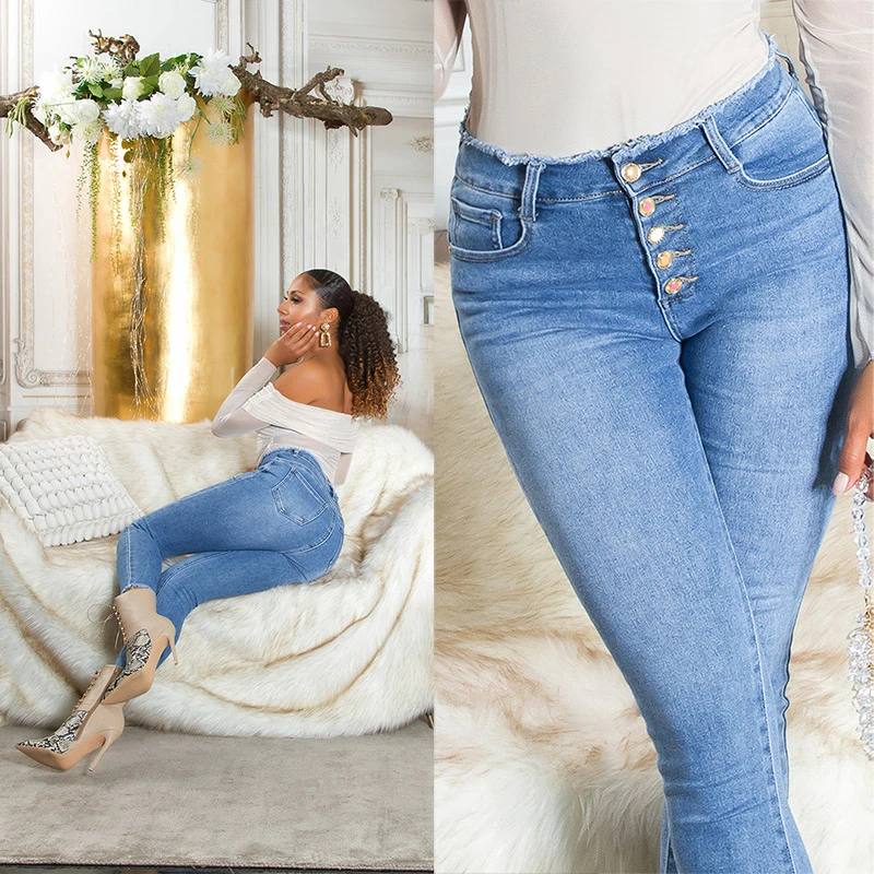 Used Look Highwaist Röhrenjeans Skinny Jeans Hose mit Knopfleiste Knöpfe