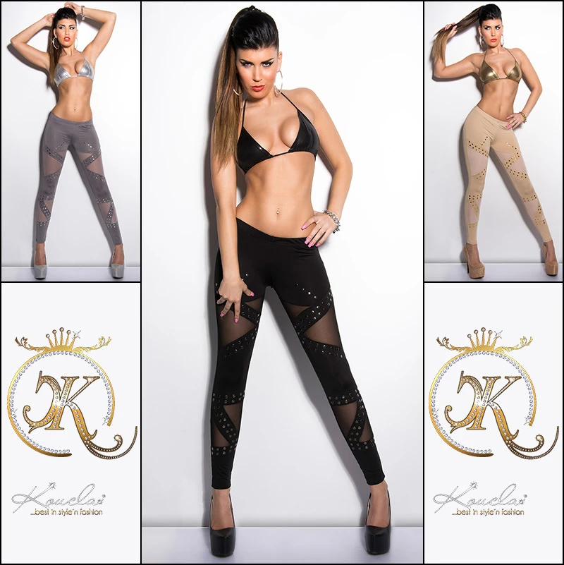 Rockige Hüft Leggings mit Deko Nieten und Mesh-Einsätze