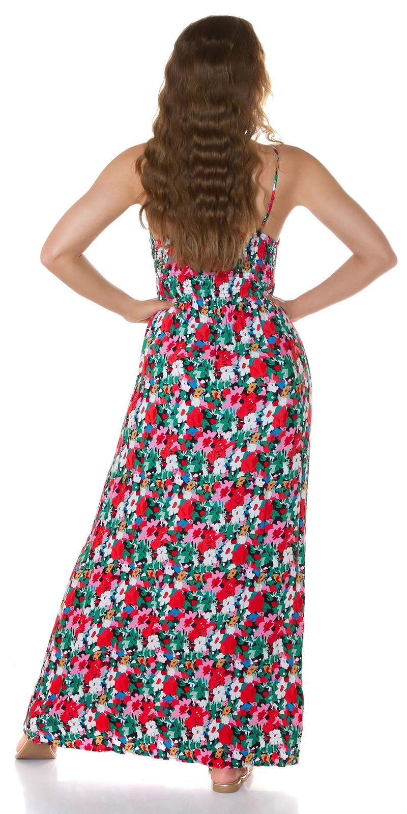 Flower Printed Träger Wickel V-Neck Maxi Viskose Sommerkleid