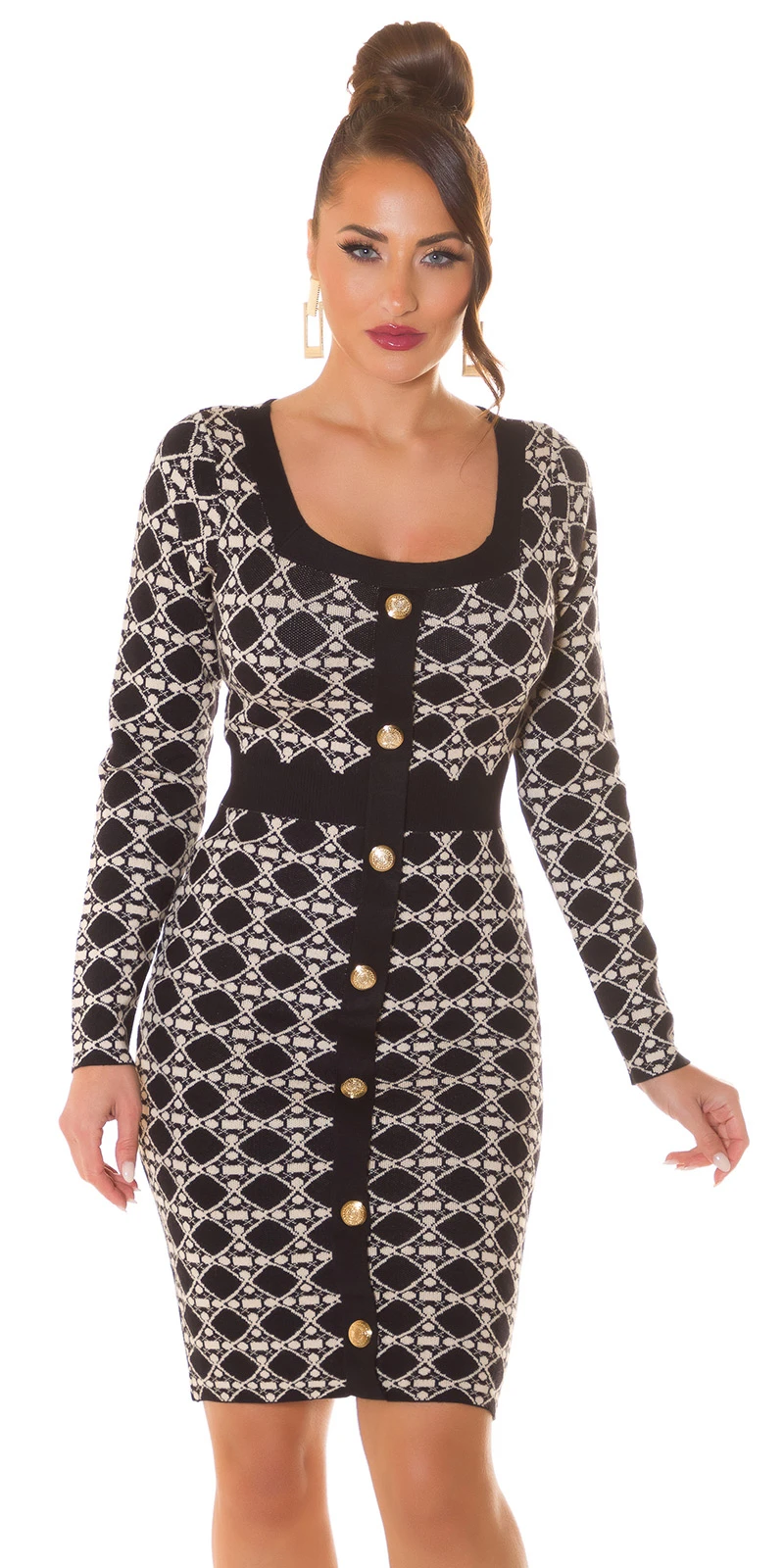 Patterned Business Langarm Strick Midi Kleid mit Deko Knöpfe