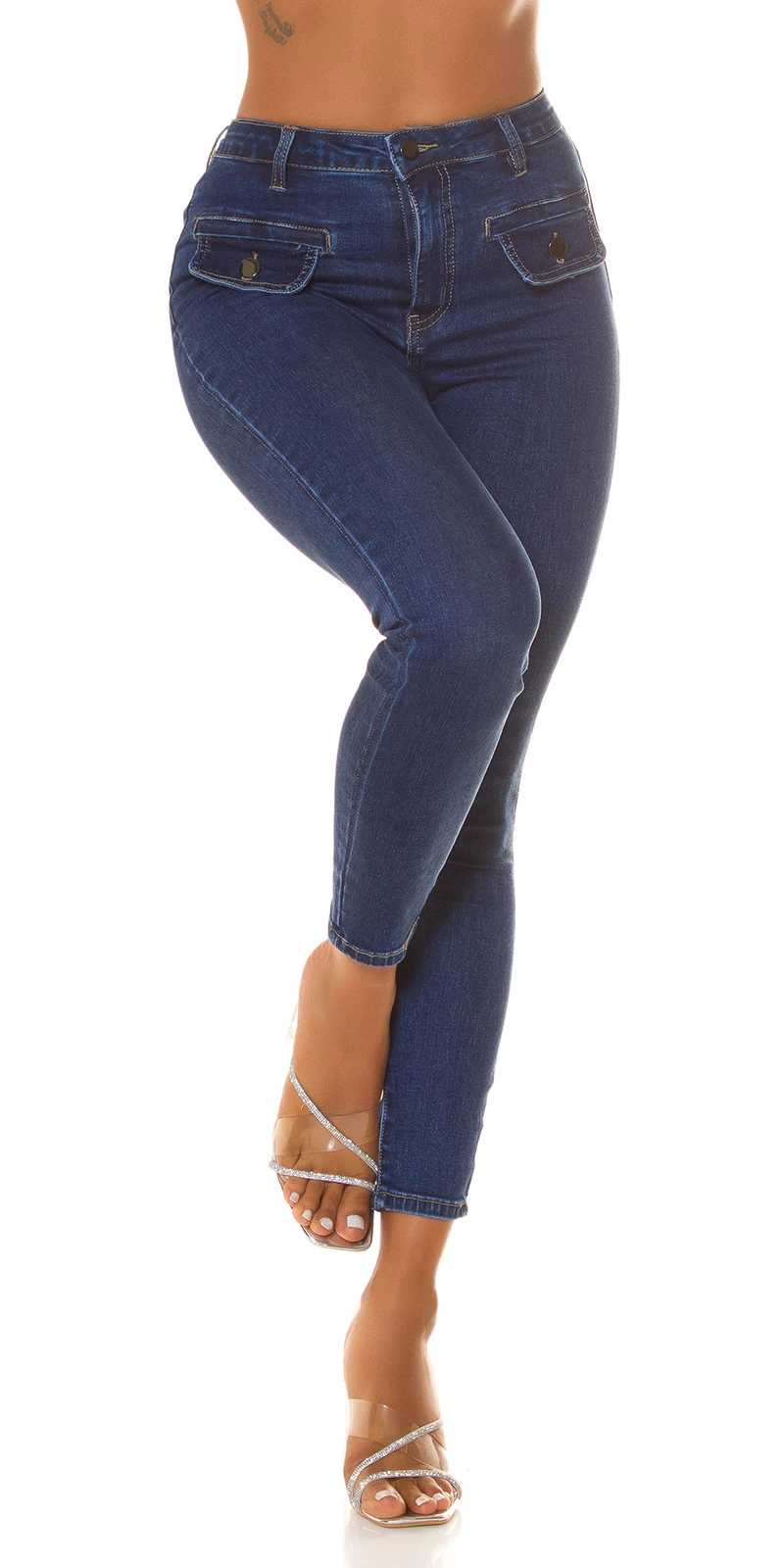 Skinny Fit High Waist Stretch Jeans Denim Hose mit Klappen