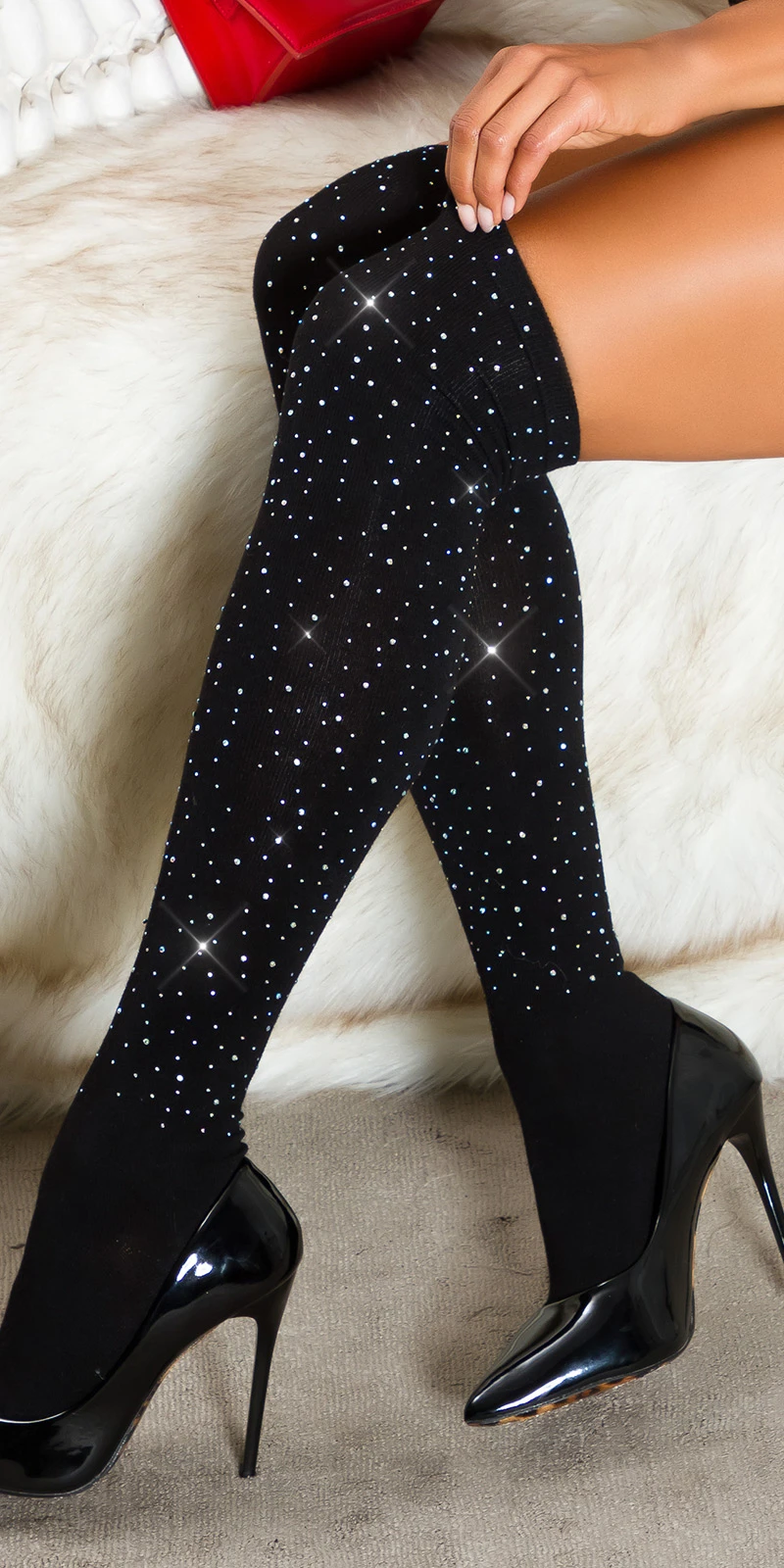 Glamour Damen Overknee Strümpfe Blickdicht mit Strass