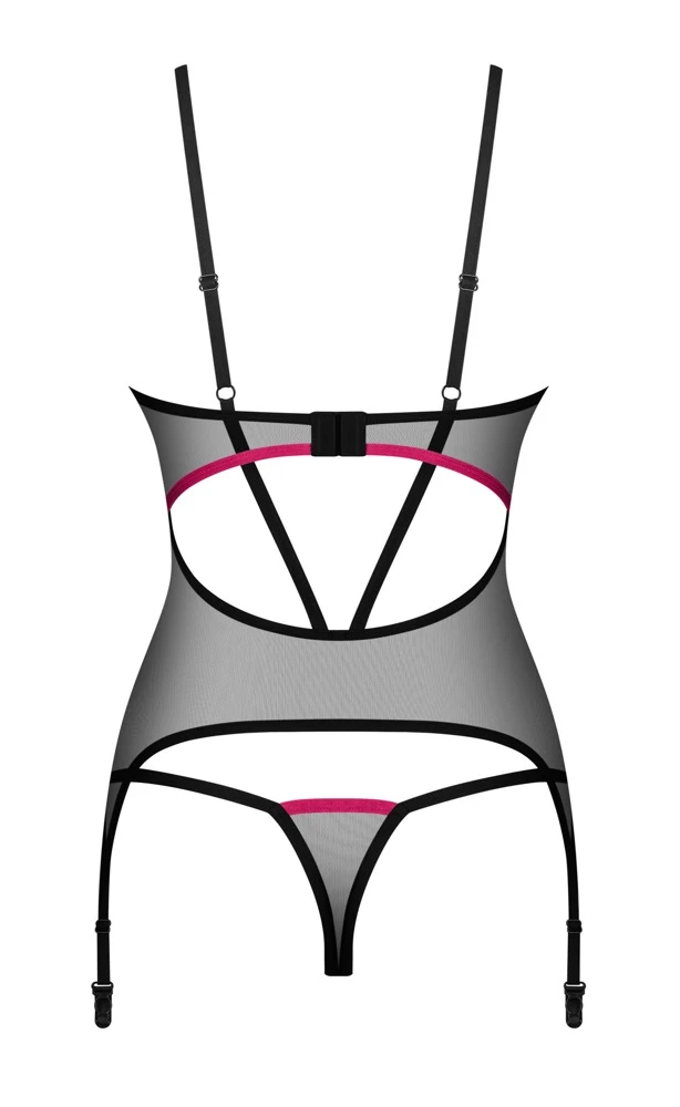 Strapshemd und String im Set, Lingerie aus Powernet mit Strapshalter, Strasselement