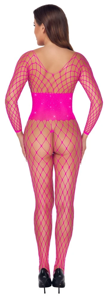 Pinkfarbener Langarm-Catsuit bodystocking ouvert von Cottelli Collection mit glitzernder Mieder-Optik, nahtlos und sexy