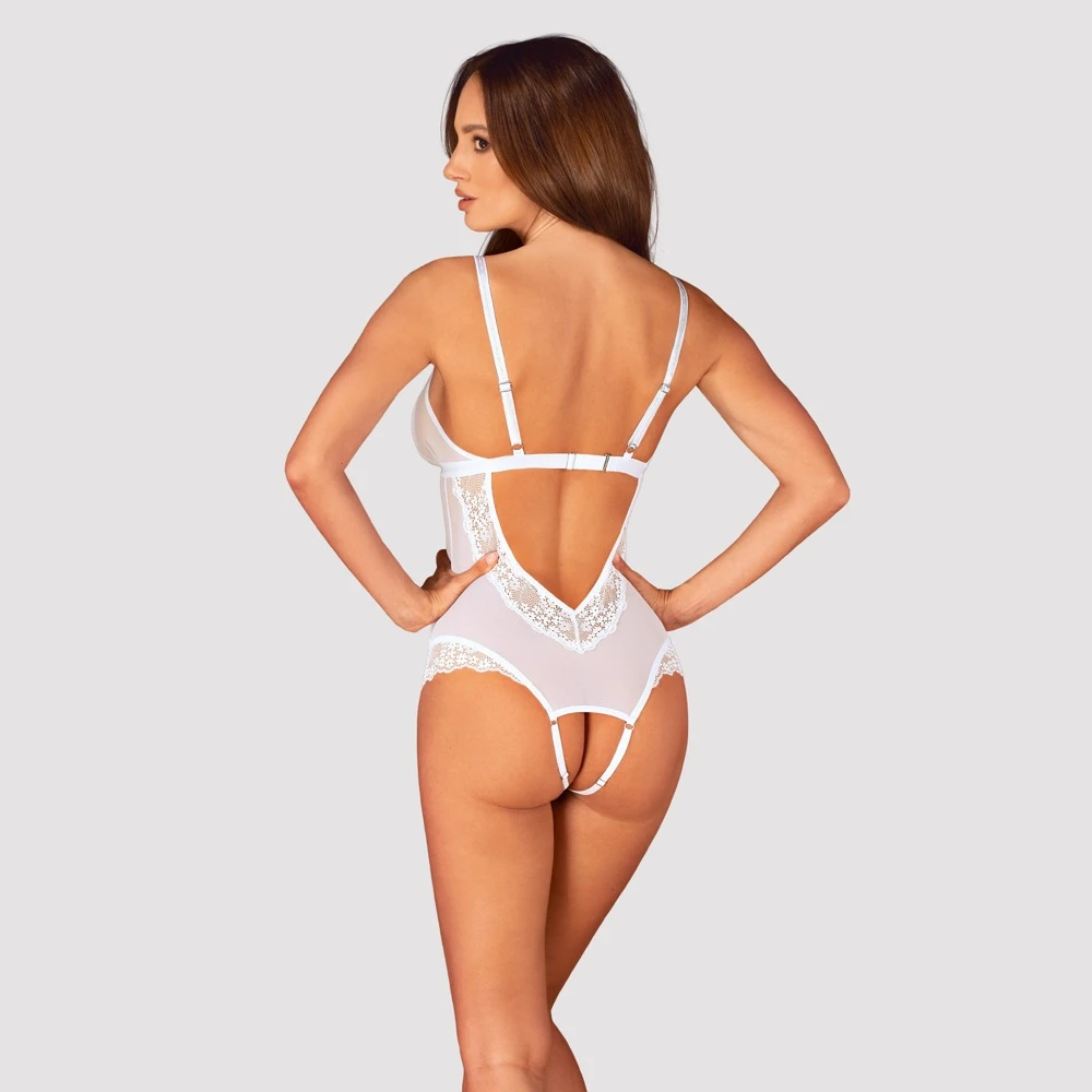 Obsessive Transparenter weißer Body ouvert Heavelly mit schönen Spitzen-Details. Rundum weich und elastisch für hohen Tragekomfort.