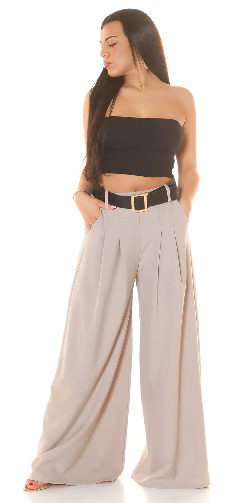 Wide Leg Hose im Highwaist-Style aus Polyester-Stretch, mit raffinierten Details und perfektem Tragekomfort