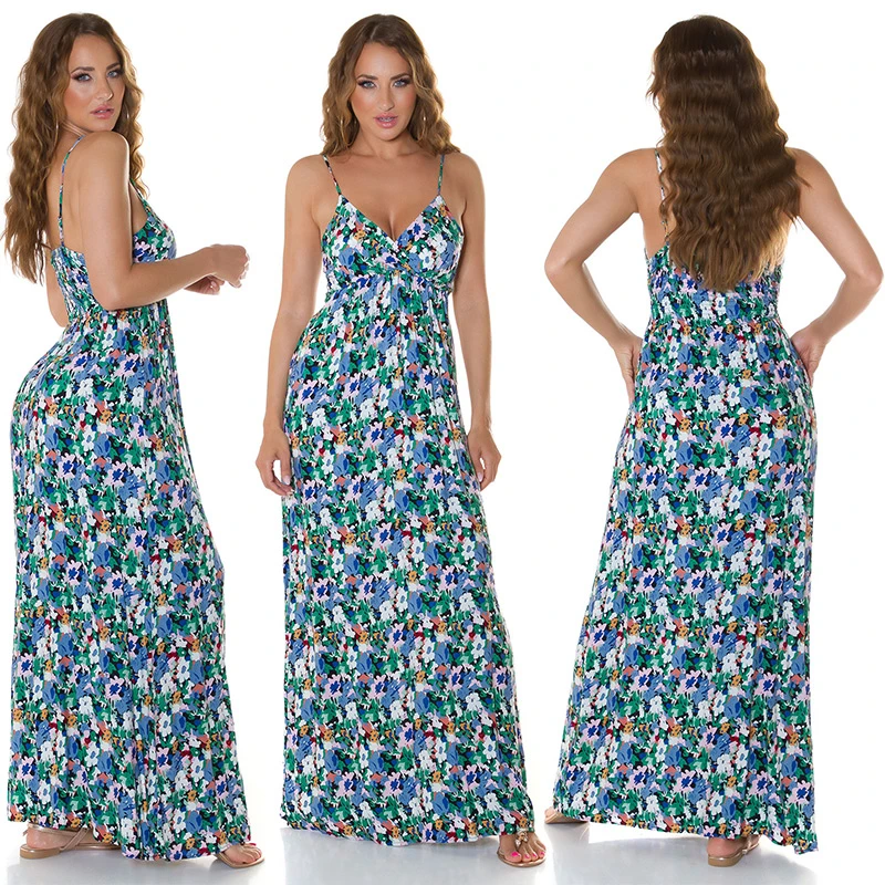 Flower Printed Träger Wickel V-Neck Maxi Viskose Sommerkleid