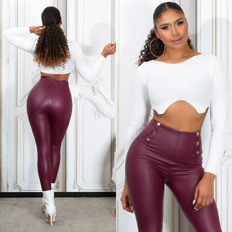 Business Thermo Leder Look High Waist Leggings mit Deko Knöpfe