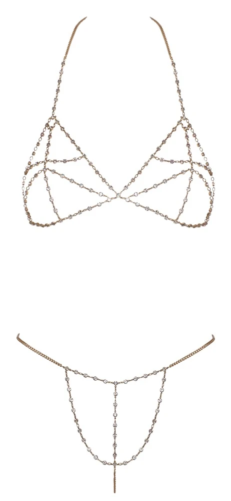 Goldfarbener Ketten-Bikini von Cottelli ACCESSOIRES mit BH und String. Schillernde Strasskettchen über Brüsten und Schambereich.