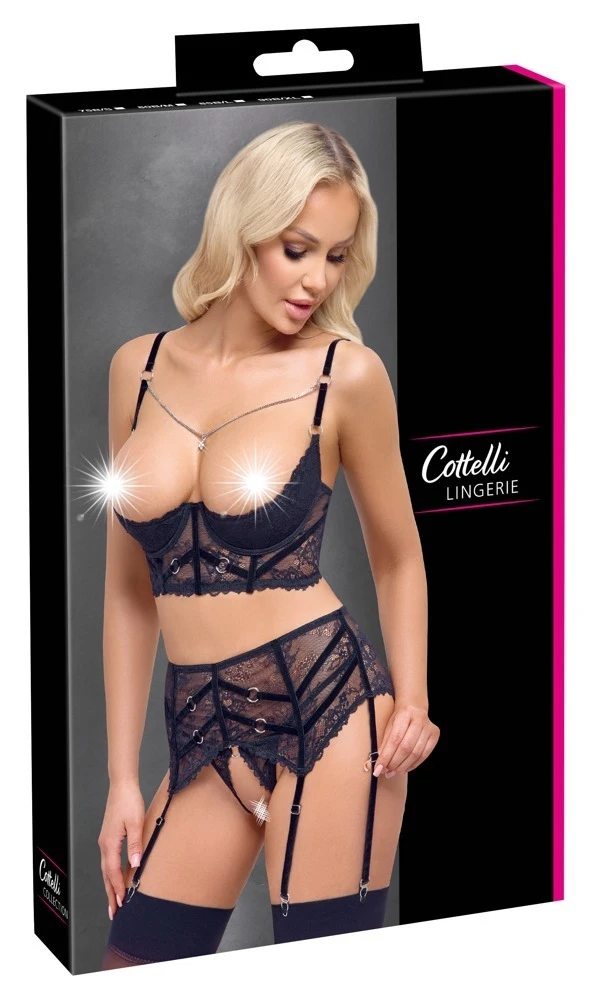 Cottelli LINGERIE Longline-Hebe, Strapsgürtel & String ouvert im Set, Schwat´rze Spitze mit Ketten Verzierung