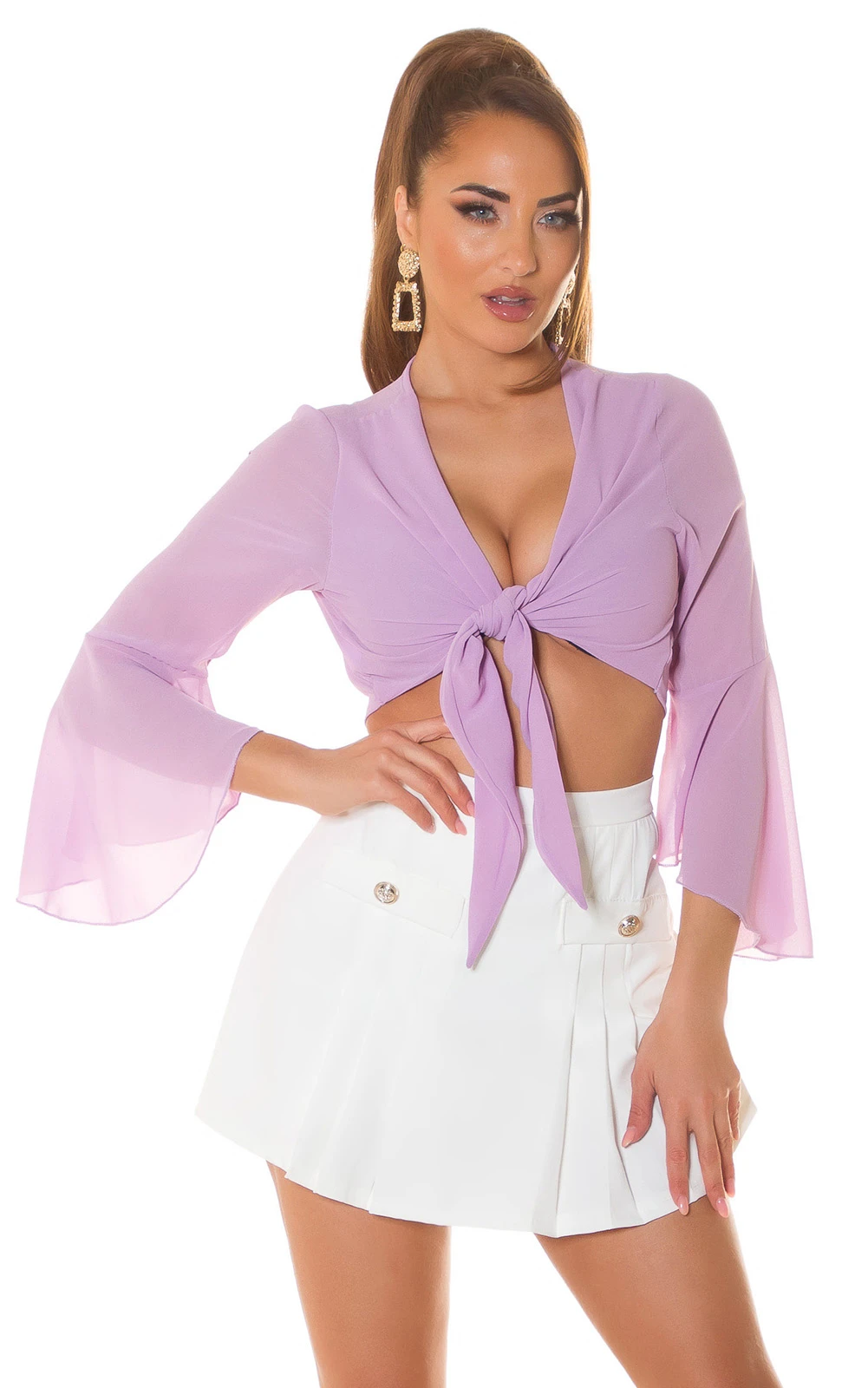 Chic Trompeten Ärmel Crop Bluse zum Binden