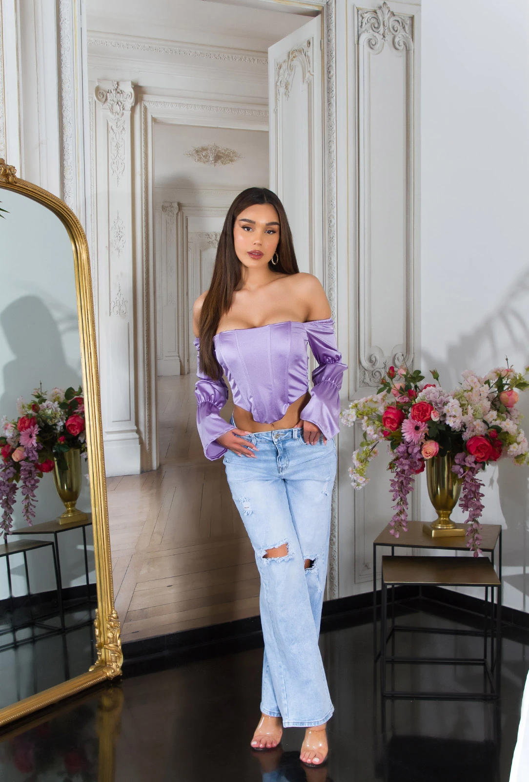 Satin Look Off Shoulder Crop Blusen Top mit Corsagen-Effekt