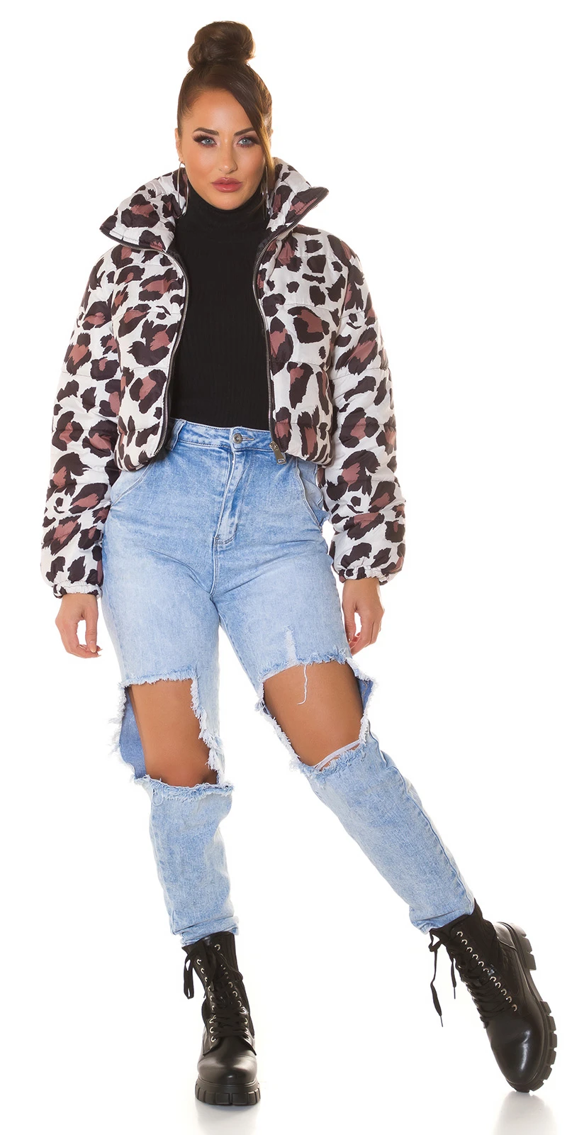 Giraffe Printed Crop Stepp Jacke