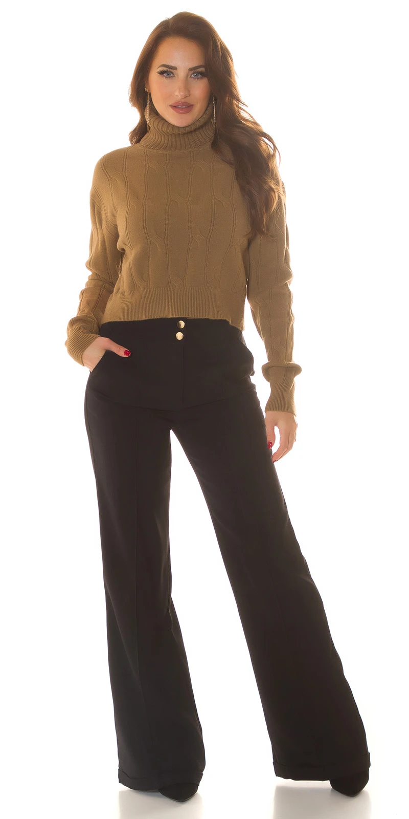 Musthave Crop Strickpullover Bauchfrei Turtle Neck Rollkragen Pullover Langarm mit Musterung