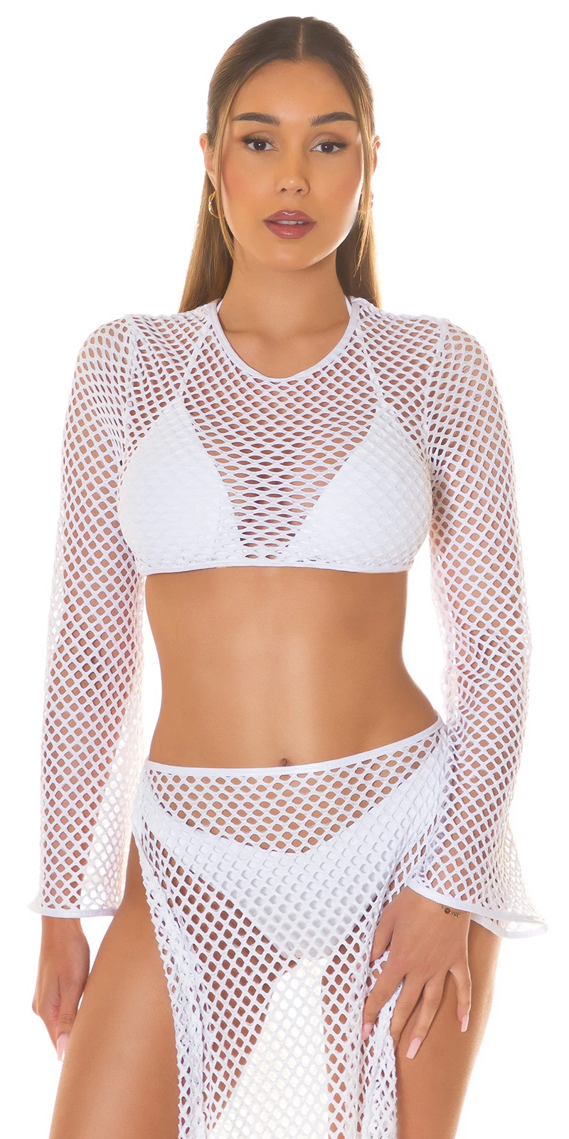 Cover-up Crop Top Bauchfrei Langarm Netztop Transparent