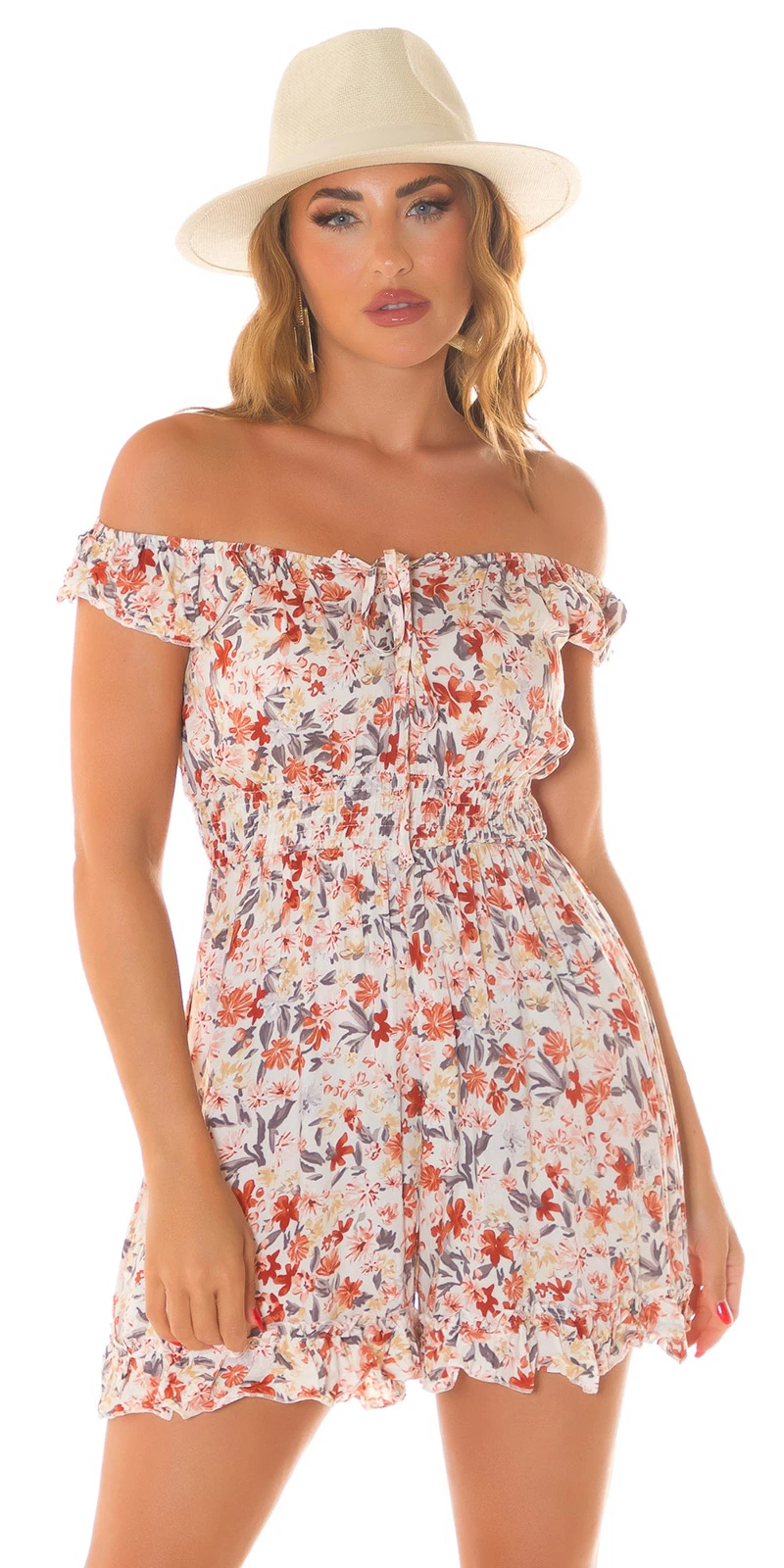 Kurzer Off-Shoulder Jumpsuit mit Rüschenborte und Blumenprint