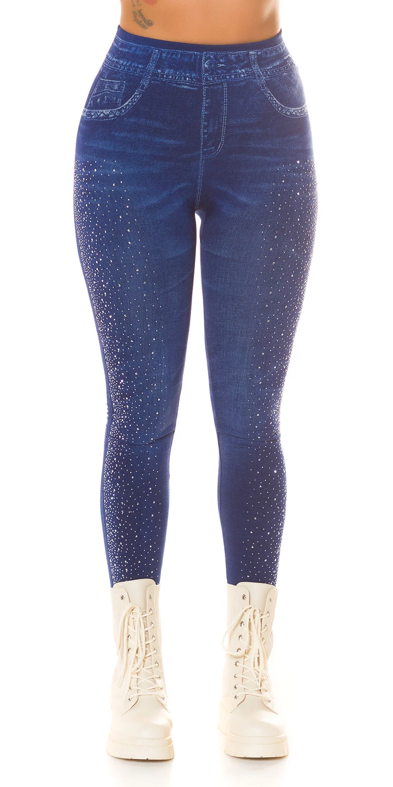 Highwaist-Leggings im Jeans-Look mit glitzerndem Steinchen-Besatz, modischer Stil trifft auf Komfort in Perfektion!