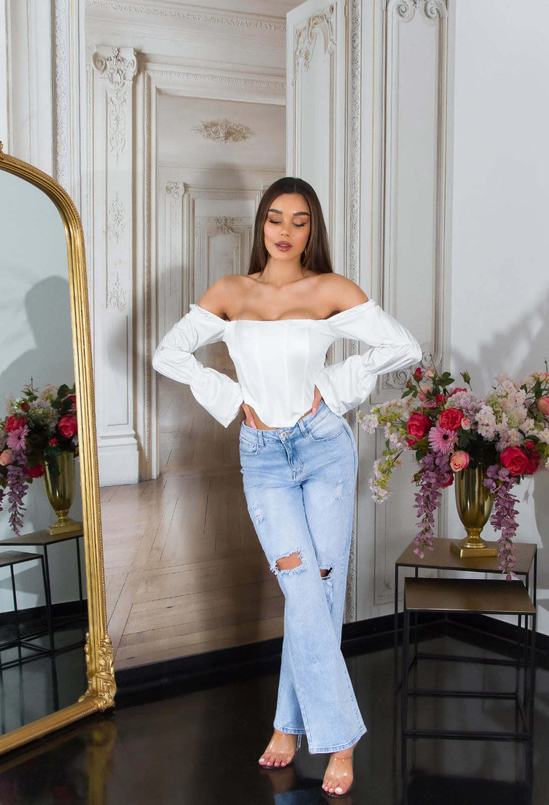 Satin Look Off Shoulder Crop Blusen Top mit Corsagen-Effekt