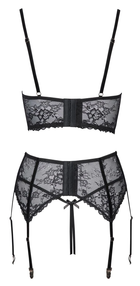 Cottelli LINGERIE Longline-Hebe, Strapsgürtel & String ouvert im Set, Schwat´rze Spitze mit Ketten Verzierung