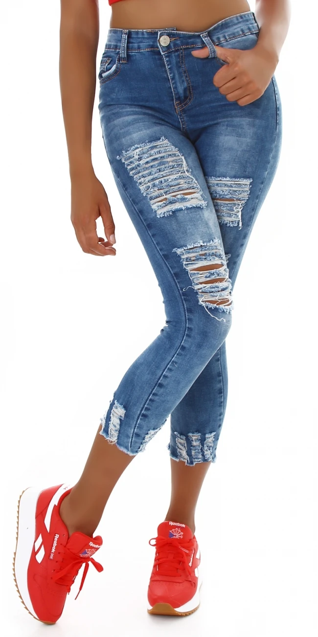 Used Look High Waist 7/8 Skinny Jeans mit mega Risse