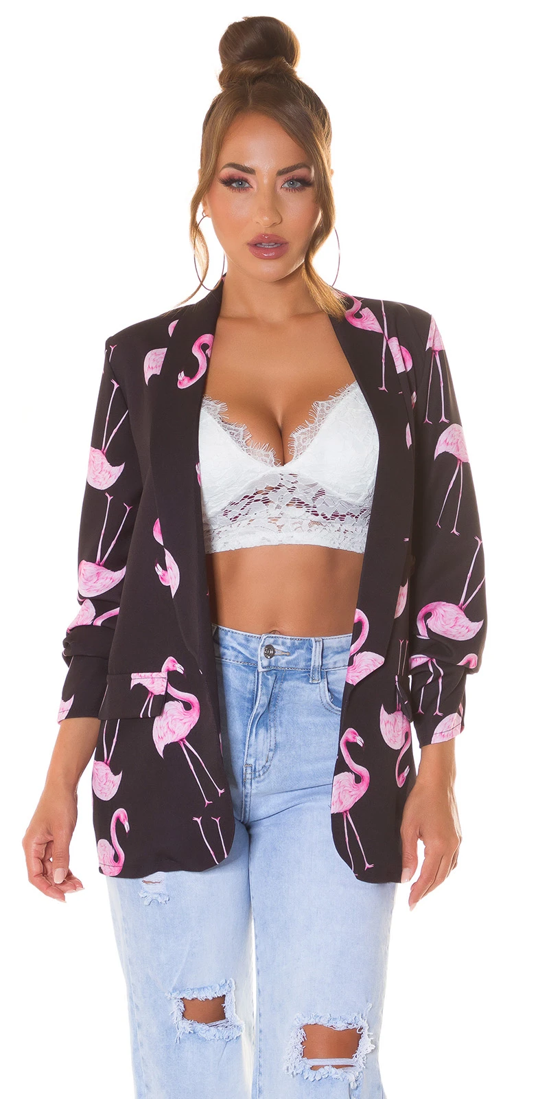 Flamigo Printed Basic Long Blazer mit Schulterpolster