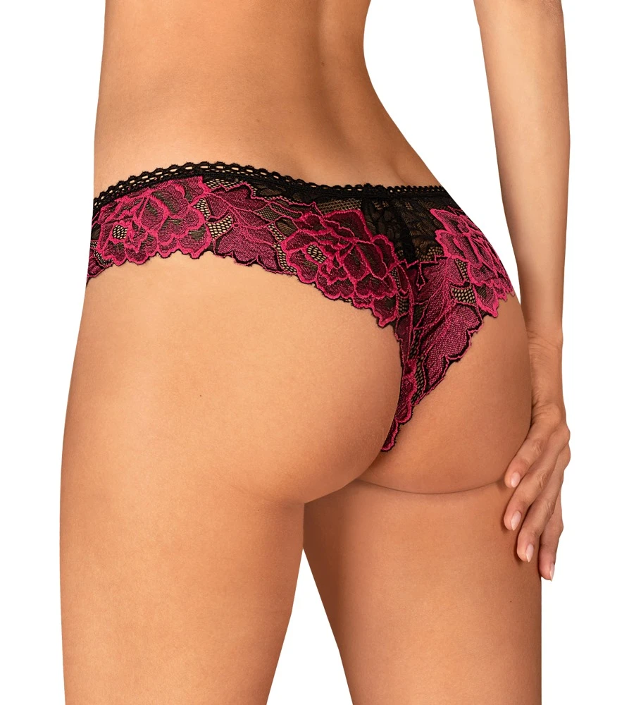 Obsessive Schwarze Spitzen-Panties Rosenty mit feiner pinkfarbener Rosenspitze besetzt. Rundum weich und elastisch für vollen Tragekomfort.