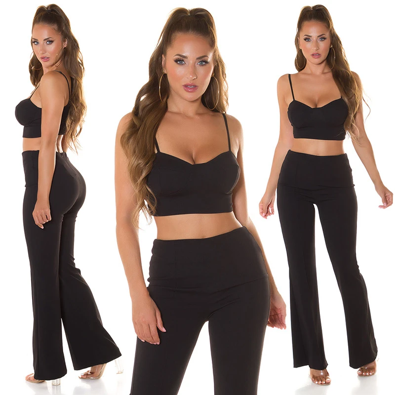 Stylo Freizeit Sommer Crop Schlag Hose Outfit, Stilvolles Set aus Polyester-Stretch: Bauchfreies Bustier-Top mit Spaghettiträgern und Highwaist-Schlaghose