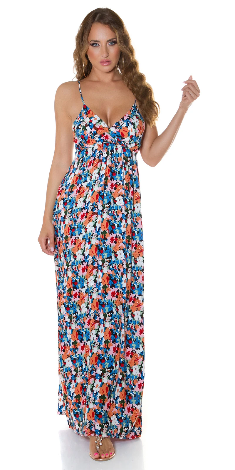 Flower Printed Träger Wickel V-Neck Maxi Viskose Sommerkleid