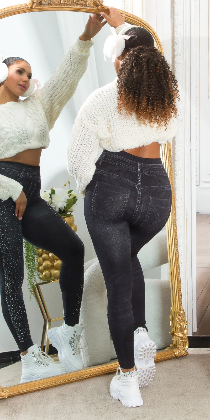 Highwaist-Leggings im Jeans-Look mit glitzerndem Steinchen-Besatz, modischer Stil trifft auf Komfort in Perfektion!