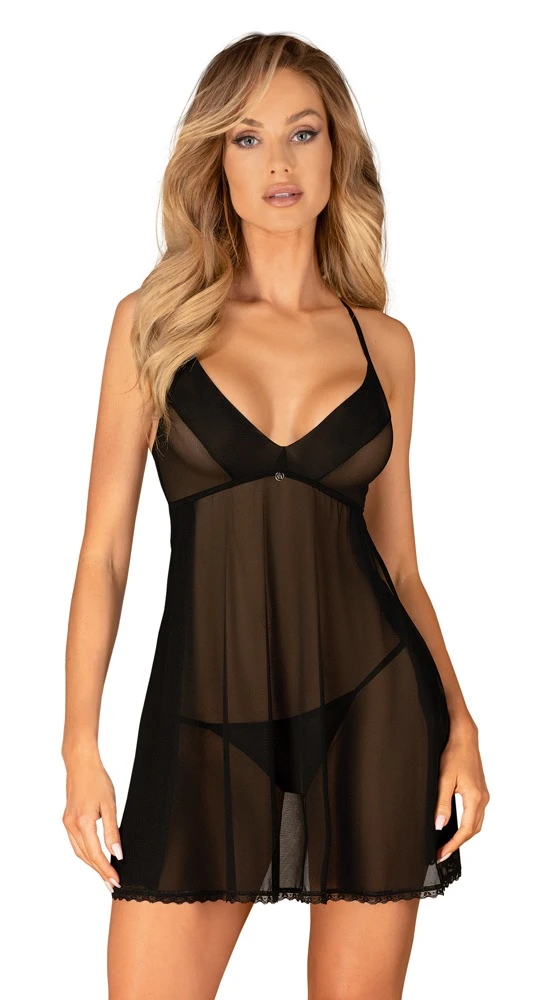 Obsessive Babydoll und String im schwarz-transparenten Set.  Luftig, weich und elastisch für hohen Tragekomfort. Träger hinten mit edler Stickerei verziert.