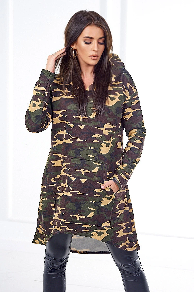 Camouflage Kapuzenpullover lang Freizeitkleid Minikleid Hoddie Sweatkleid