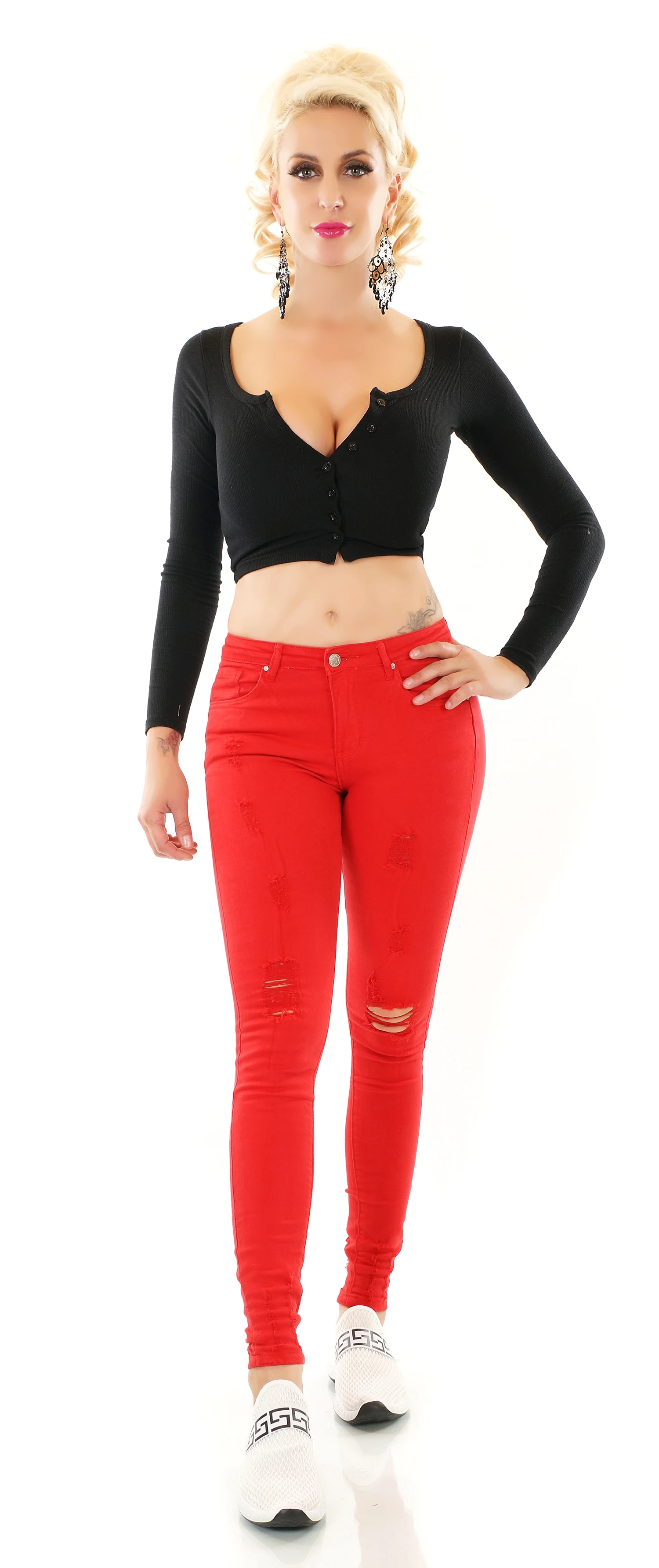 Coloured Destroyed Skinny Used Look Jeans im Midi Waist-Style