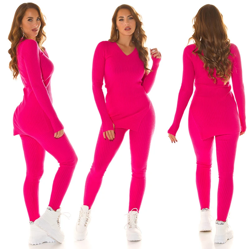 Cozy Rippstrick 2-Teiler Fitness Set V-Neck Pullover Leggings High Waist Loungewear