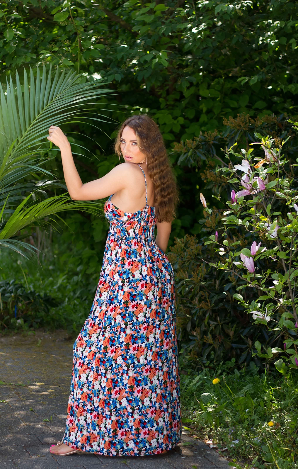 Flower Printed Träger Wickel V-Neck Maxi Viskose Sommerkleid