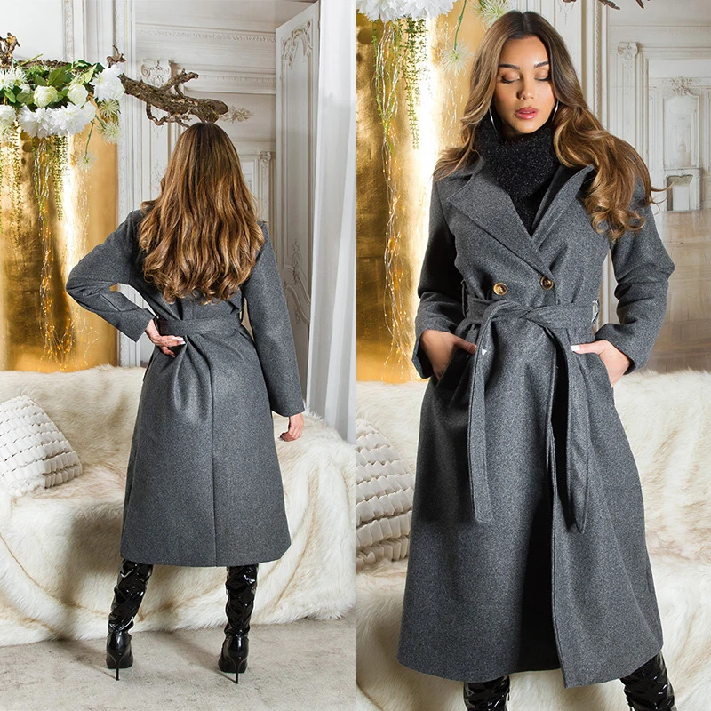 Business Look Trenchcoat Mantel Wadenlang mit Gürtel