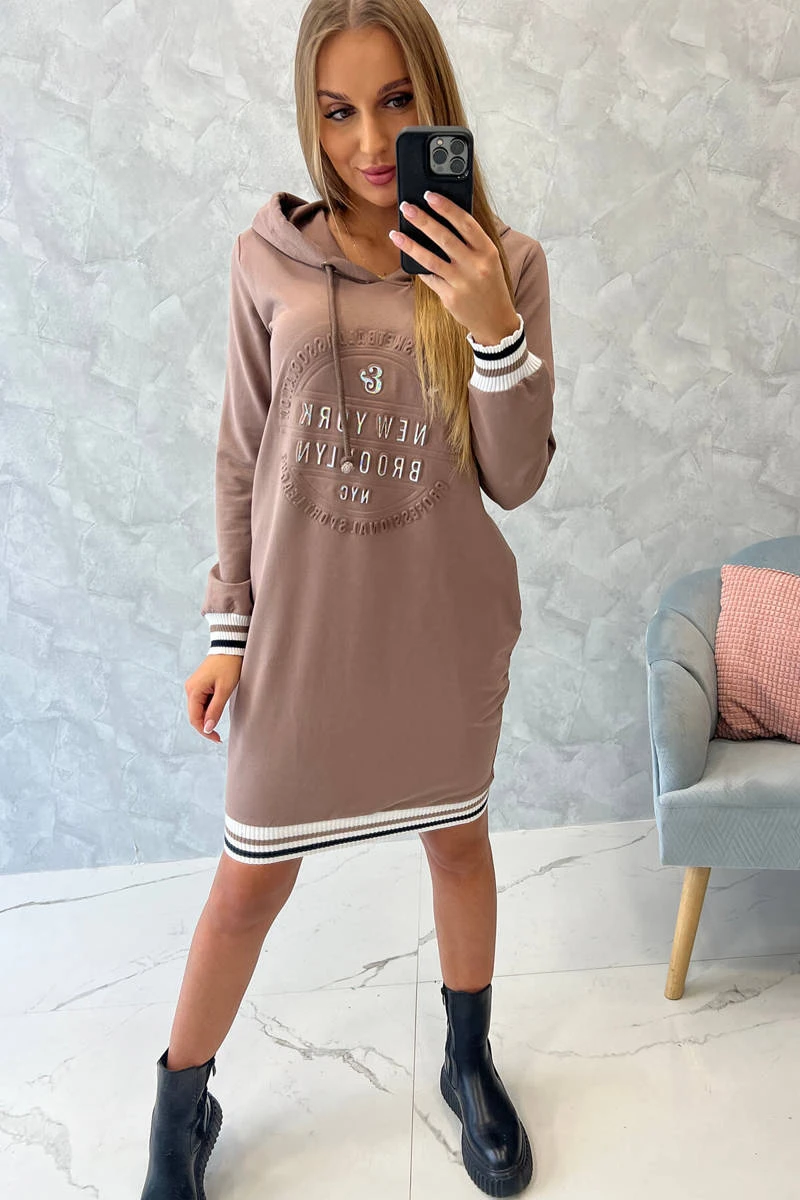 Damen Kapuzenkleid Hoddie Longpullover Sweatkleid Langarm Kleid Knielang Midikleid Print