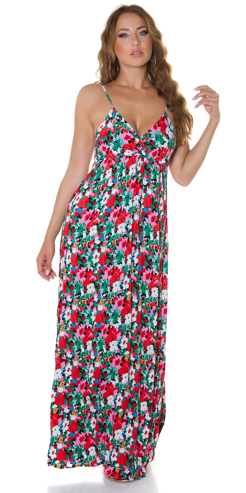 Flower Printed Träger Wickel V-Neck Maxi Viskose Sommerkleid