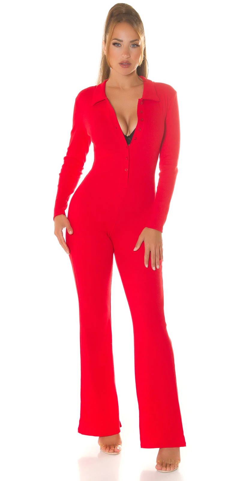 Sexy gerippter Jumpsuit mit weitem Bein und Knöpfen