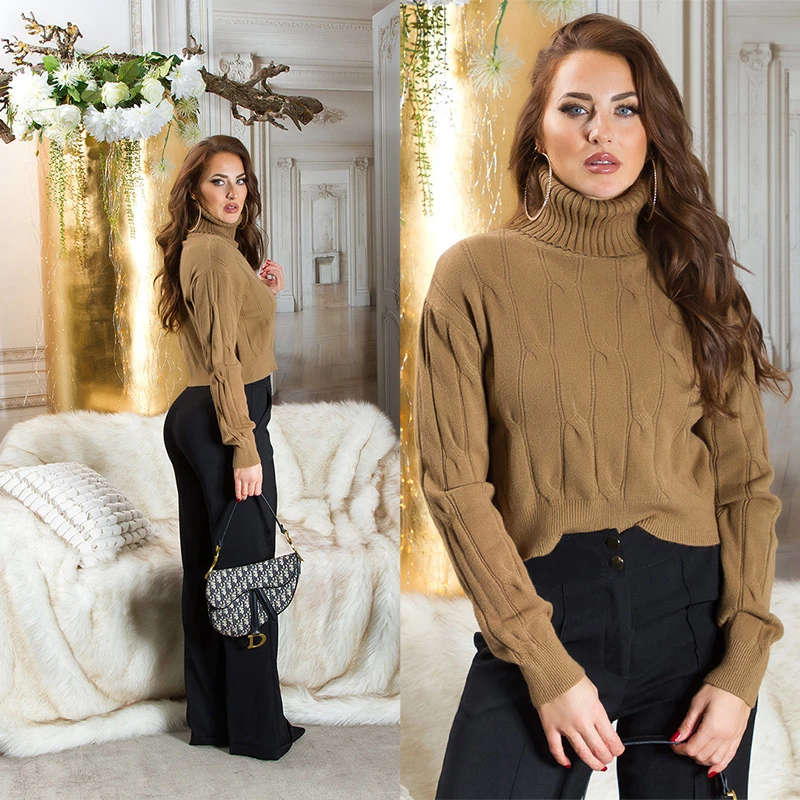 Musthave Crop Strickpullover Bauchfrei Turtle Neck Rollkragen Pullover Langarm mit Musterung