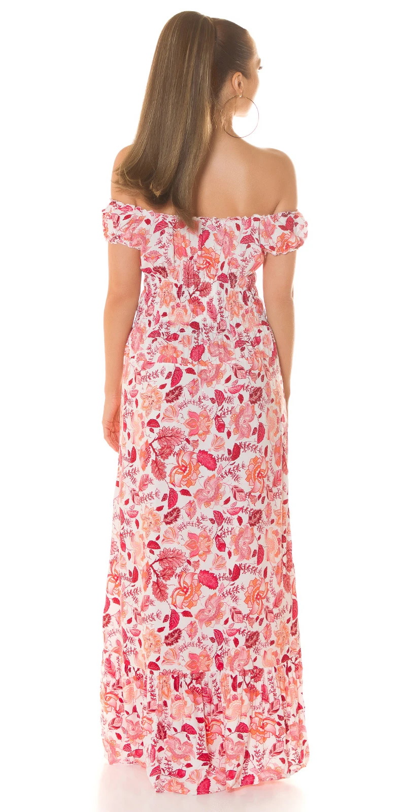 Off Shoulder Carmen Maxikleid Sommer Kleid Bodenlang mit Deko Knöpfe und Blumenmuster Flower Print