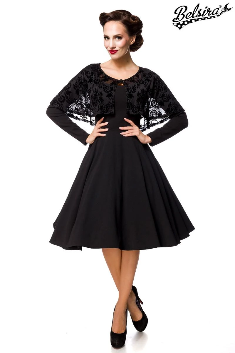 Retrokleid mit Cape aus Netz mit floralem Muster und samtigem Flockdruck