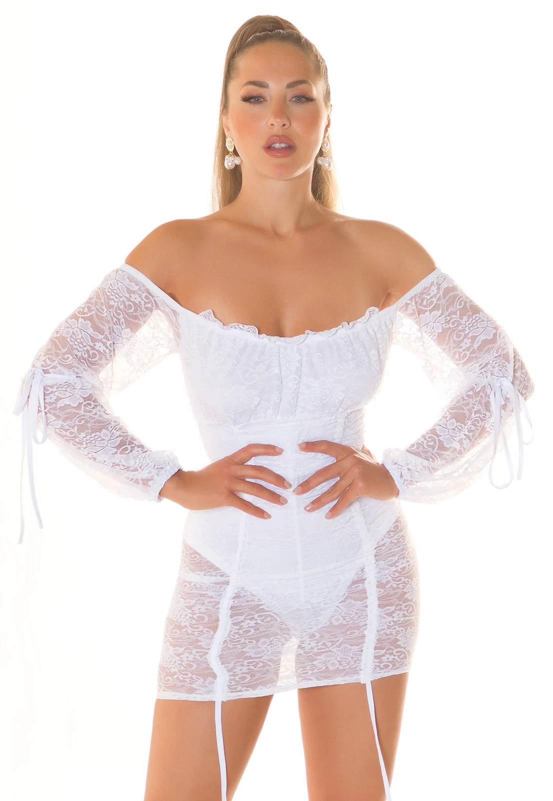 Off Shoulder Carmen Gogo Kleid Minikleid Partykleid Langarm Spitzenkleid Transparent mit integriertem Bodysuit