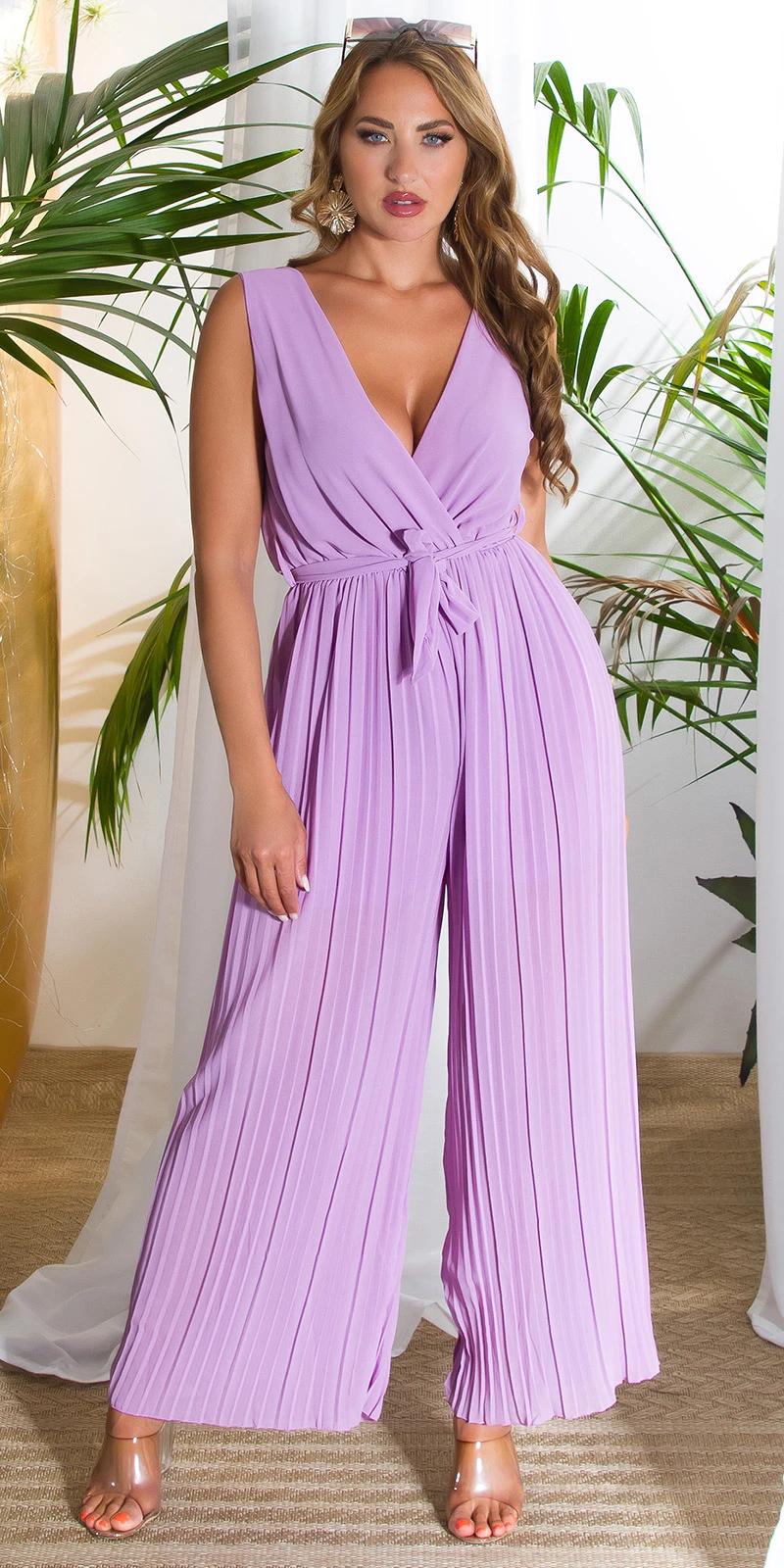 Wickel V-Neck Plissee Maxi Jumpsuit semi-transparent mit Gürtel